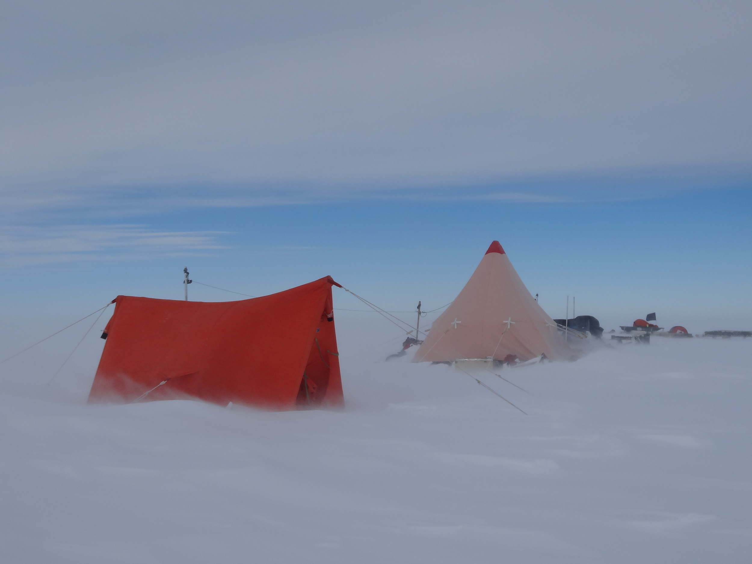 Antarctic fieldwork camp in a blizzard